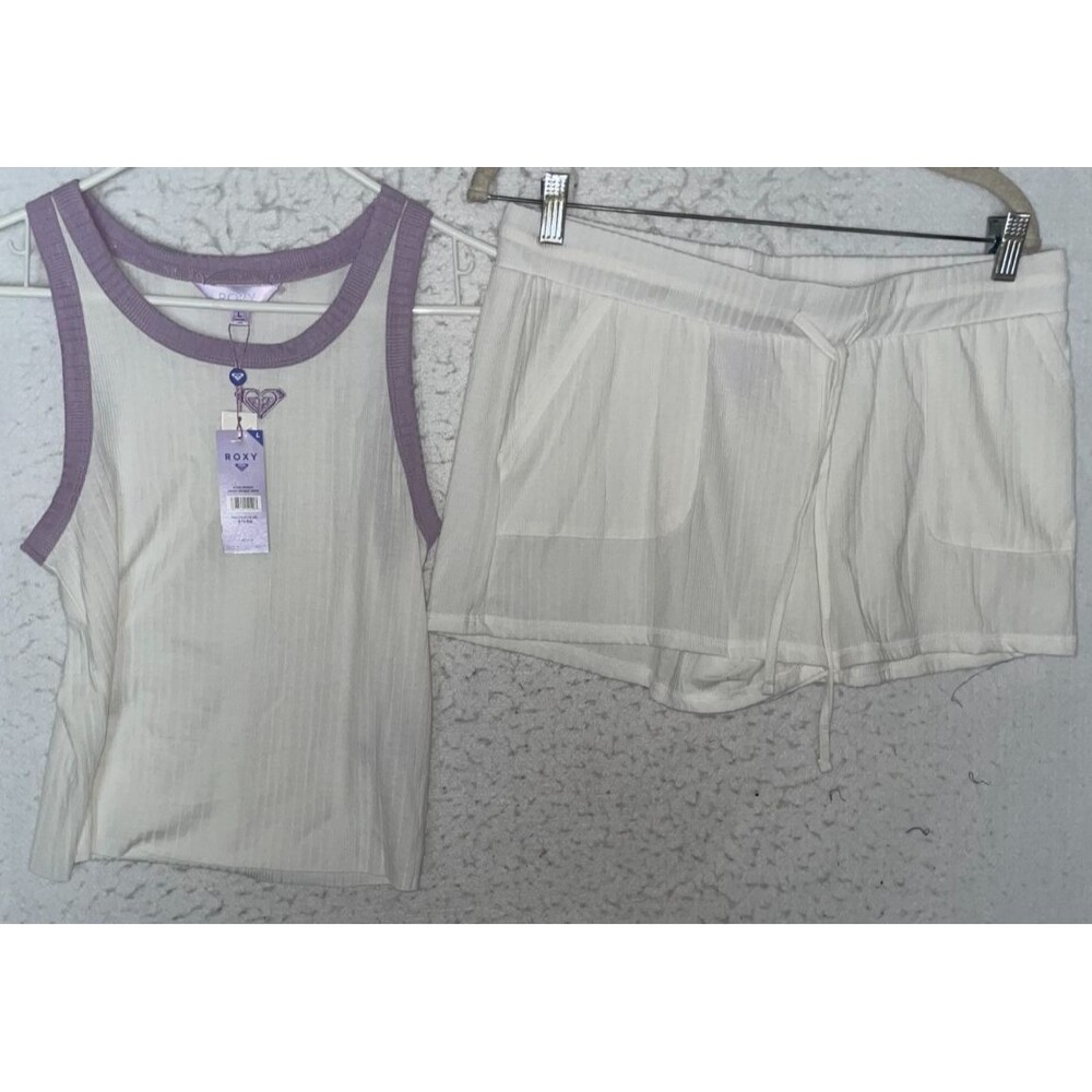 Roxy Pajama lounge Set Women's L M shorts Tank top White Lilac Ribbed 2 pc NWT
